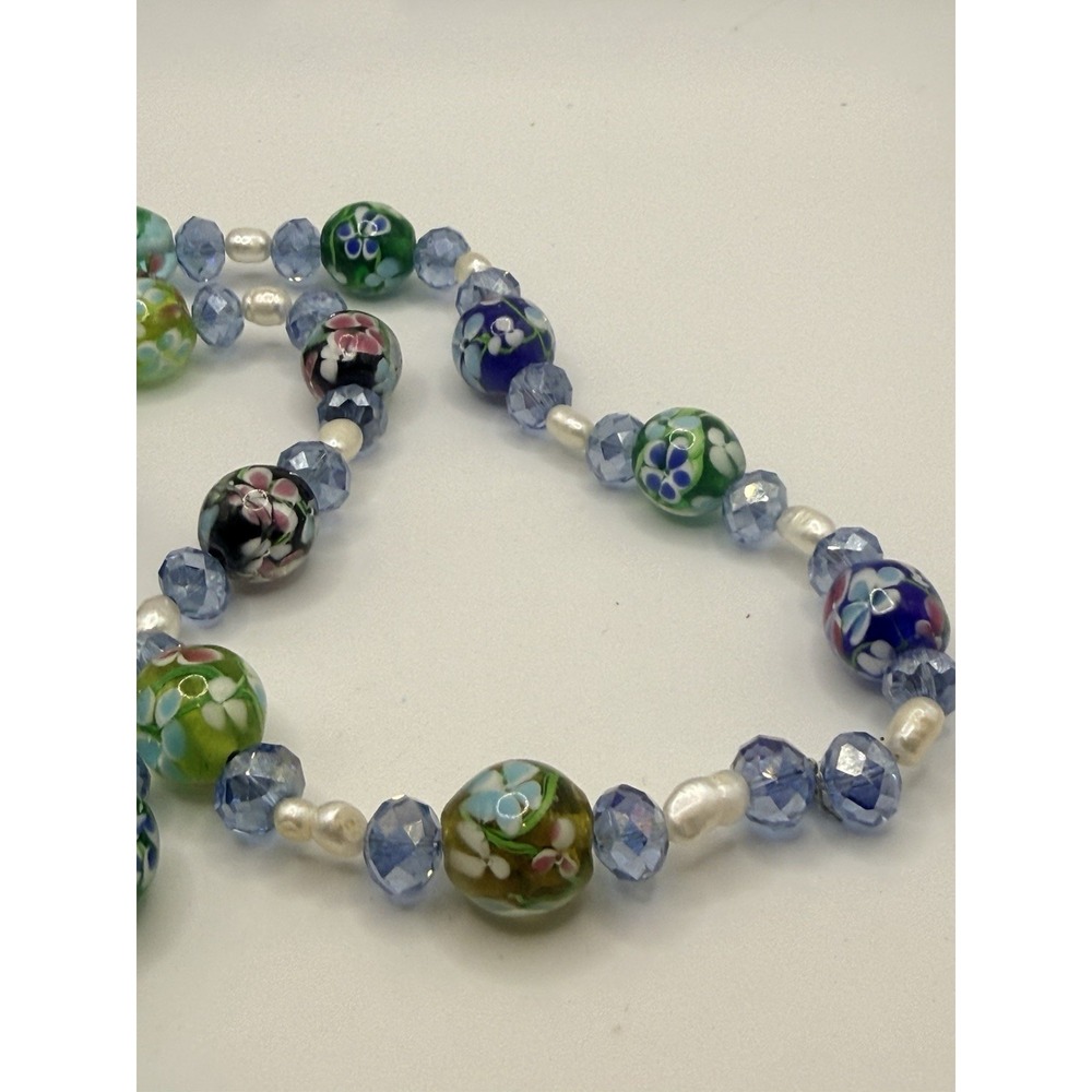 Floral Glass Pearl Beaded Necklace Blue Green Artisan Wedding Cake Style 23" - Picture 4 of 7